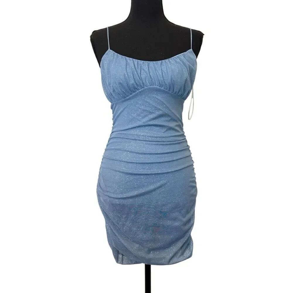 NWT Windsor Spaghetti Strap Ruched Bodycon Blue Glitter Mini Dress Medium